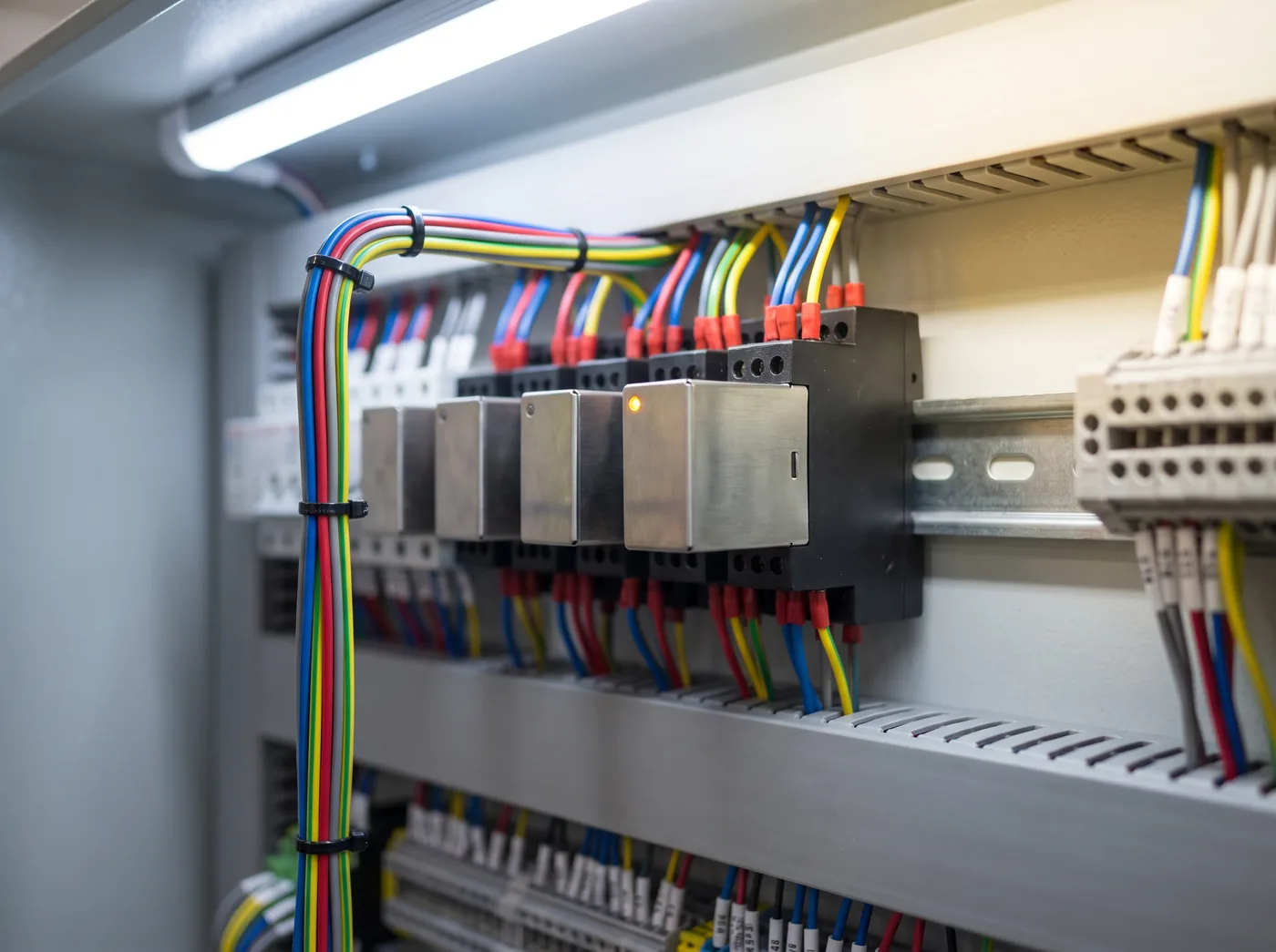 KI-generiert: Reihe von Industrierelais auf einer Hutschiene im offenen Schaltschrank, sauber gebündelte Verdrahtung, eine bernsteinfarbene Status-LED leuchtet.