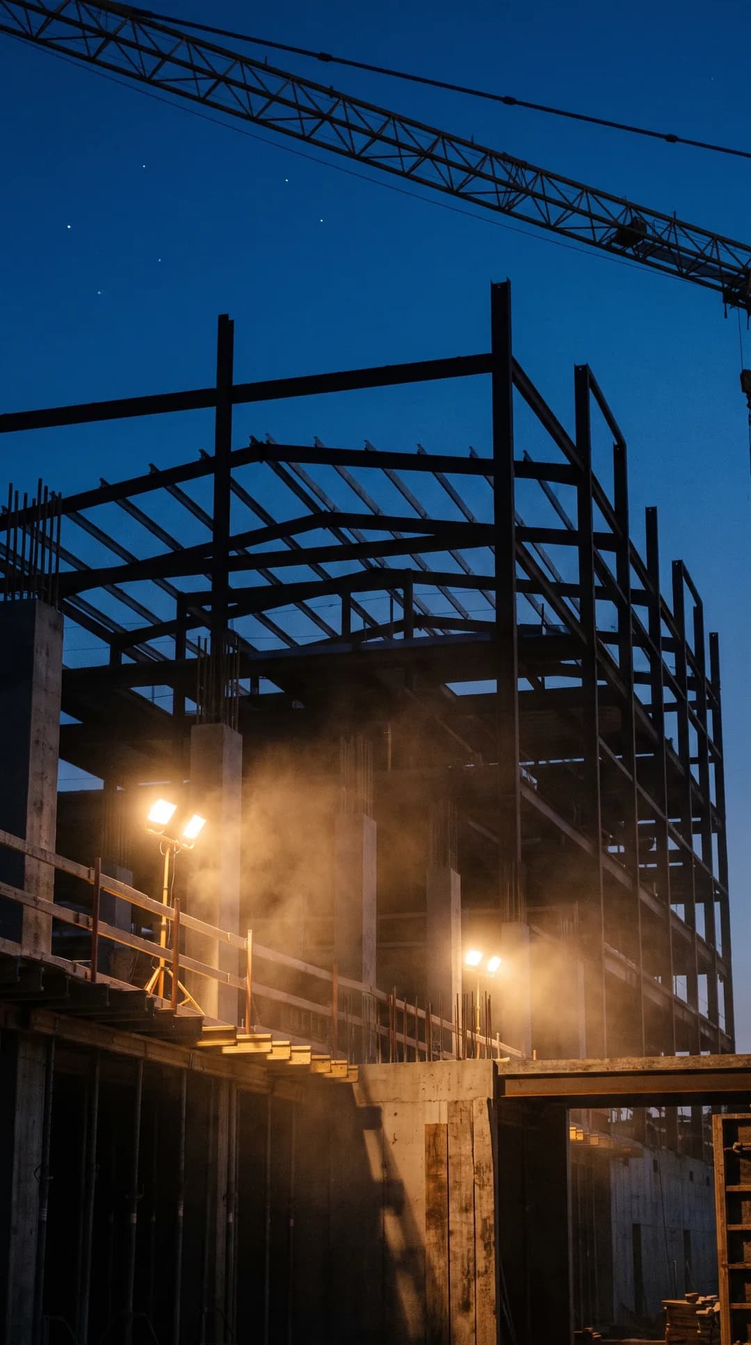 KI-generiert: Arbeitsprobe Bau: Stahlskelett eines Rohbaus vor tiefblauem Abendhimmel, Arbeitsleuchten glühen warm auf dem Gerüst.