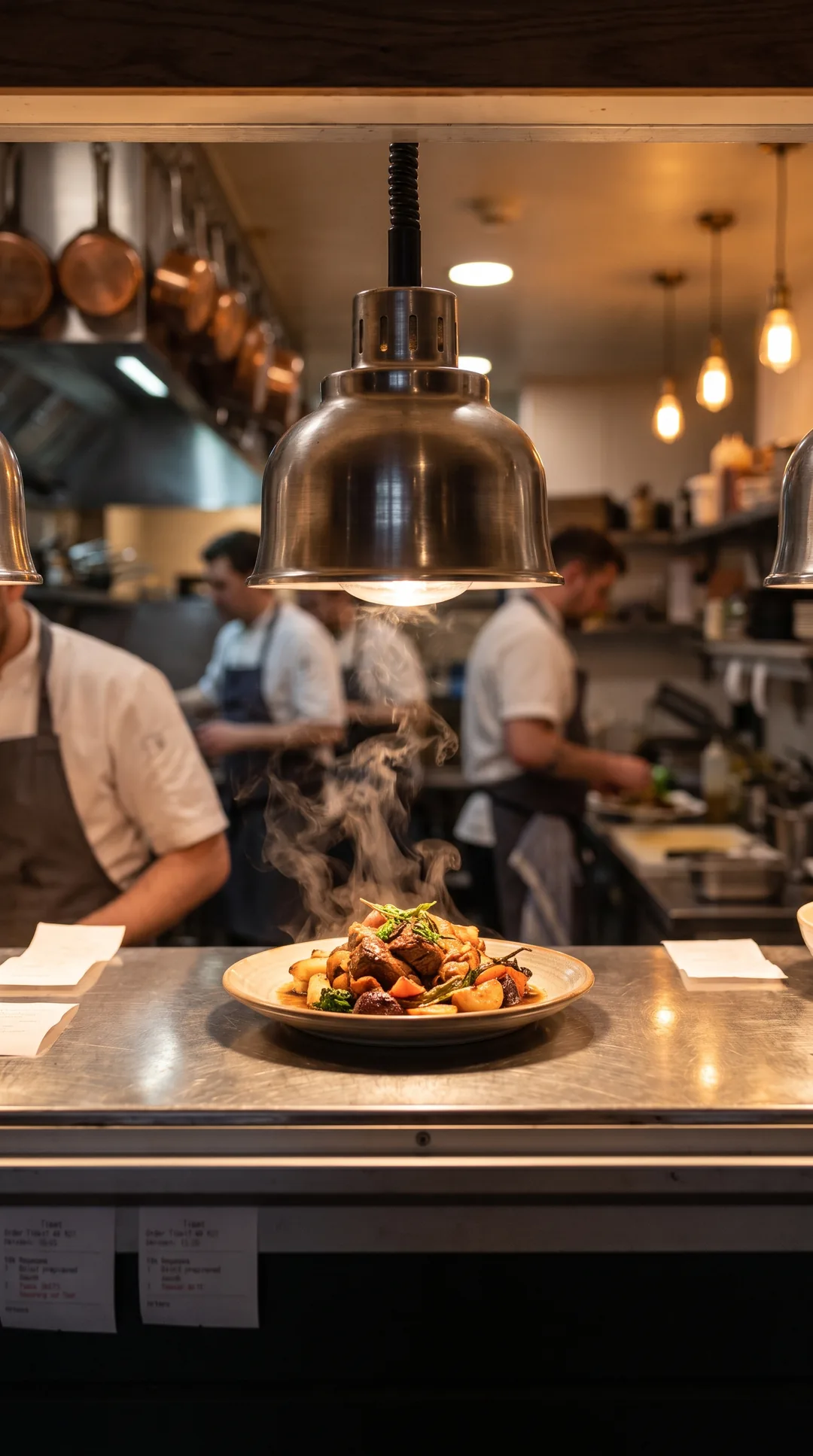 KI-generiert: Arbeitsprobe Gastronomie: angerichteter Teller unter der Wärmelampe am Pass, Dampf steigt auf, dahinter die unscharfe Küche.