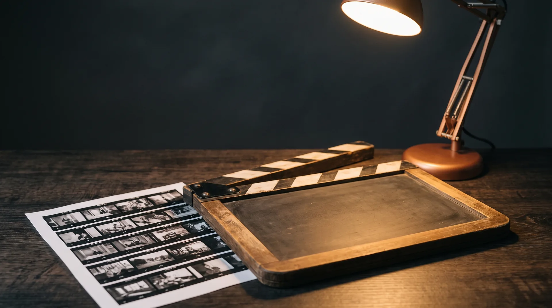 KI-generiert: Eine aufgeklappte Filmklappe liegt auf einem dunklen Schreibtisch neben einem gedruckten Kontaktbogen, eine Arbeitsleuchte wirft einen sauberen Lichtkegel darauf.