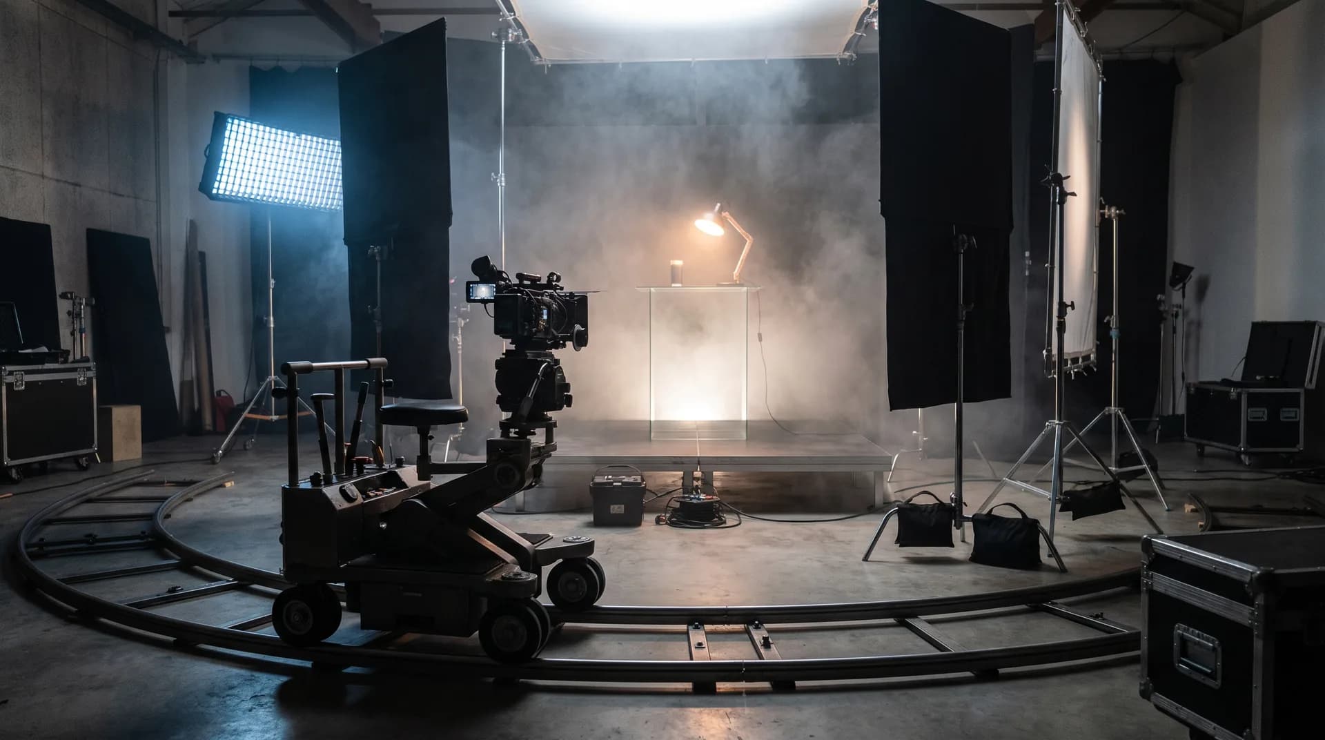 KI-generiert: Filmset für einen Produktspot — Kameradolly auf gebogener Schiene im Vordergrund, dahinter die ausgeleuchtete Produktbühne im Gegenlicht.
