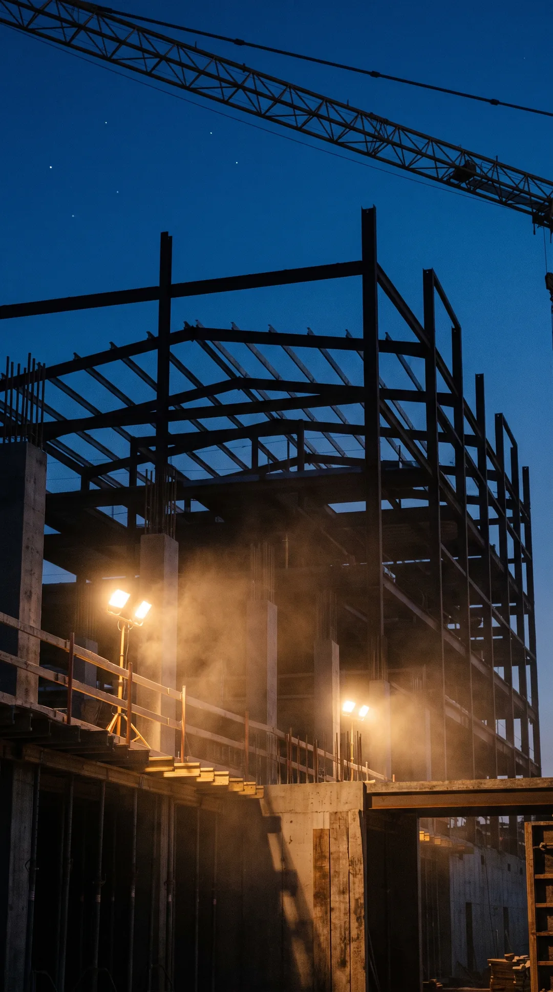 KI-generiert: Arbeitsprobe Bau: Stahlskelett eines Rohbaus vor tiefblauem Abendhimmel, Arbeitsleuchten glühen warm auf dem Gerüst.