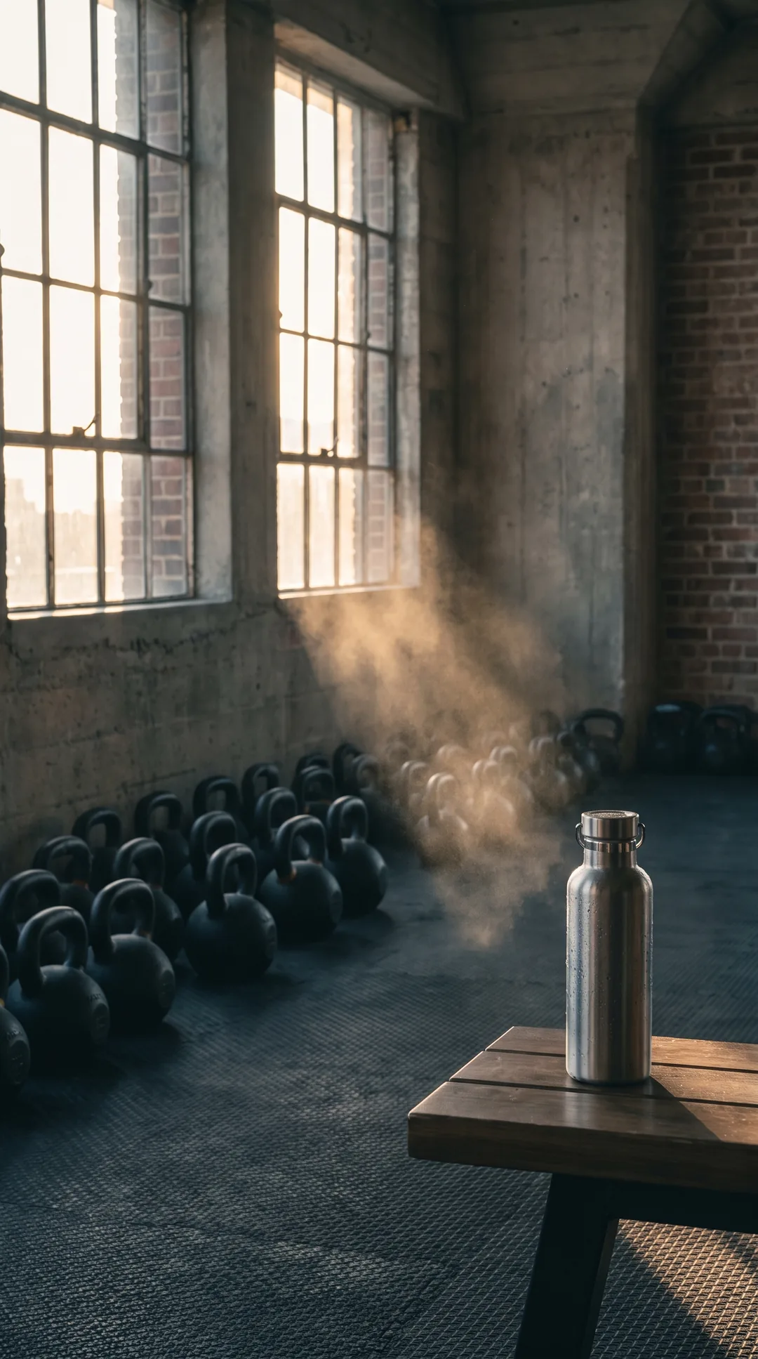 KI-generiert: Arbeitsprobe Fitness: leeres Studio im Morgenlicht, Staub steht im Lichtstrahl, Kettlebells auf dem Gummiboden.