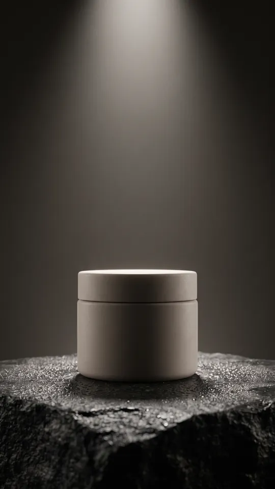 KI-generiert: Beispielclip Produkt: Kosmetiktiegel auf nassem Stein unter einem Lichtstrahl, langsame Kamerabewegung.
